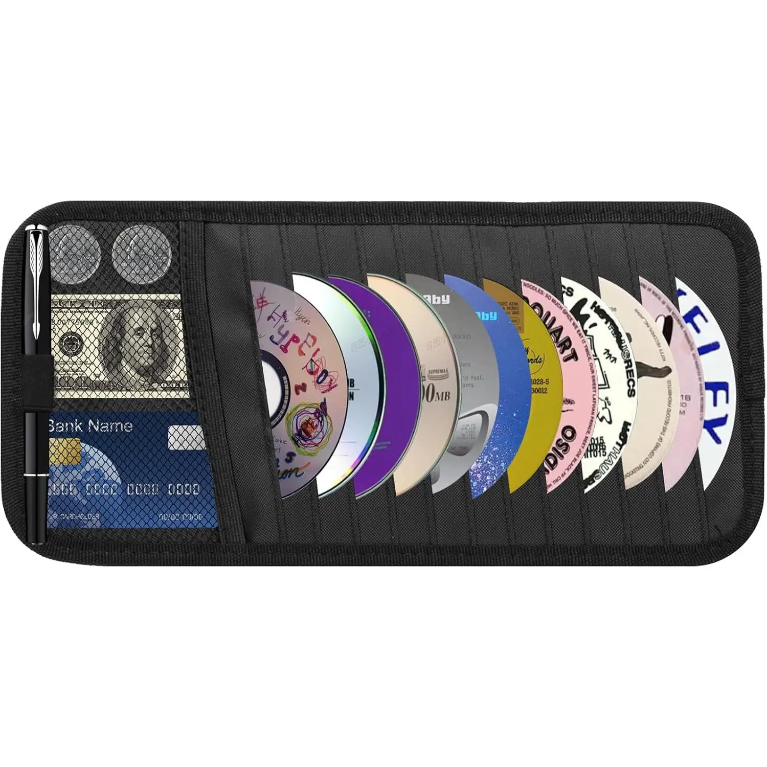 CD Visor Holder for , Large Capacity CD & DVD Visor Case,  Visor Storage Organizer with 12 Disc Sleeves, 1 Mesh Pocket 1 Pen Holder and & Elastic Band (Black)