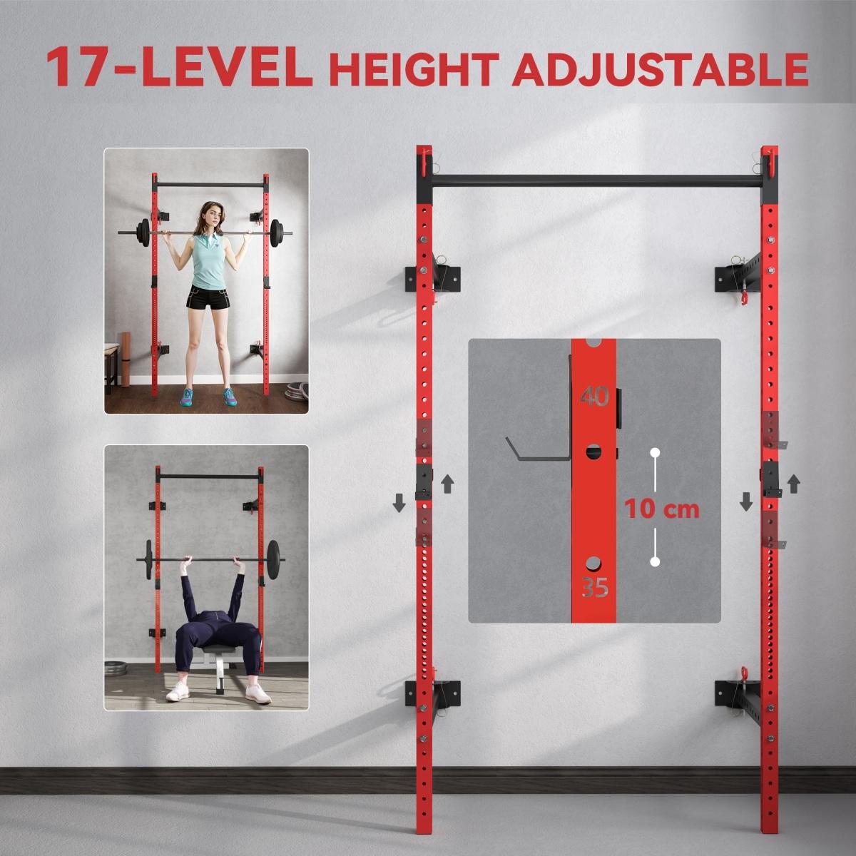 [Fahuac] Soozier Folding Squat Rack with Pull Up Bar, Wall Mounted 1000 lbs Capacity Power Rack, 17-Level Adjustable Barbell Rack, Space Saving for Home Gym Garage, Red