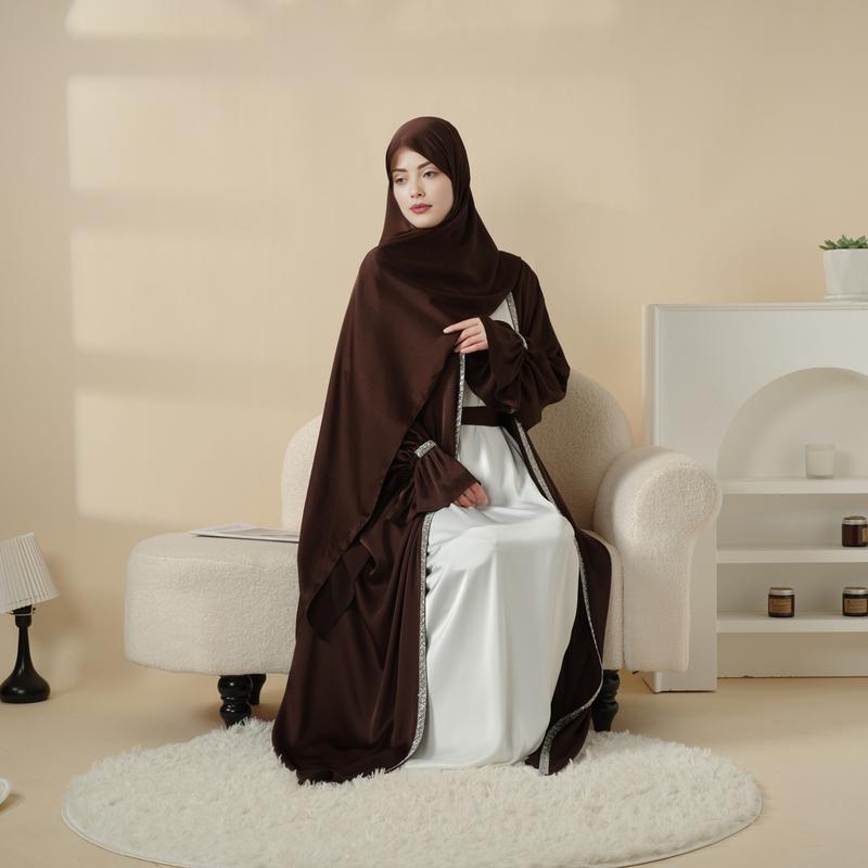 Modesty Muslim Chic Fit Maxi 4-Piece Set: Poet Sleeve Satin Abaya & hijab (MOA009) Formal