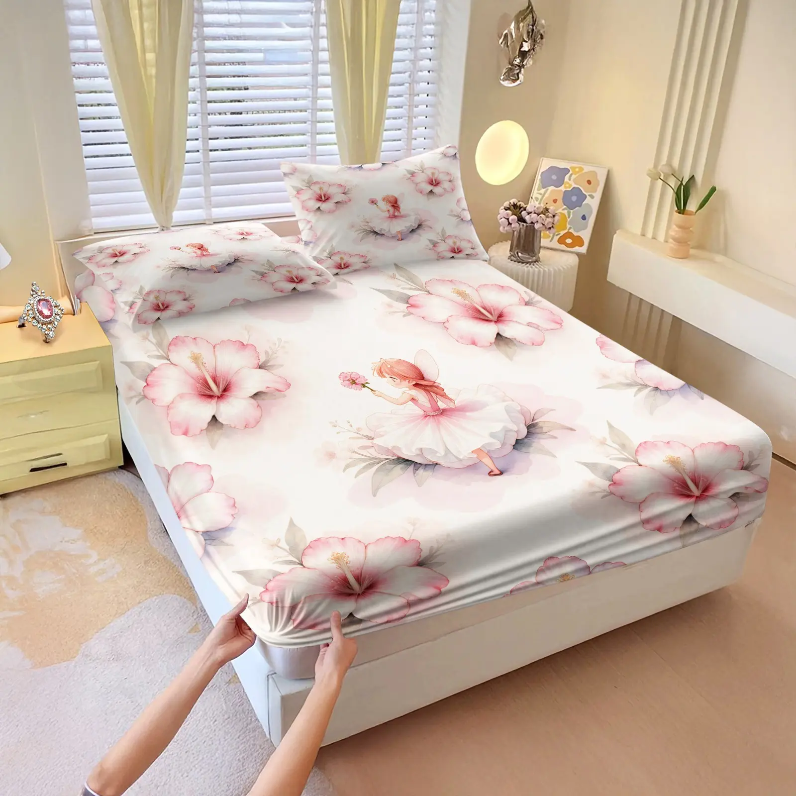 3Pcs Gentle Watercolor Floral Fitted Sheet Set, seasonal pastel flower elf print, elastic full wrap soft bedding cover