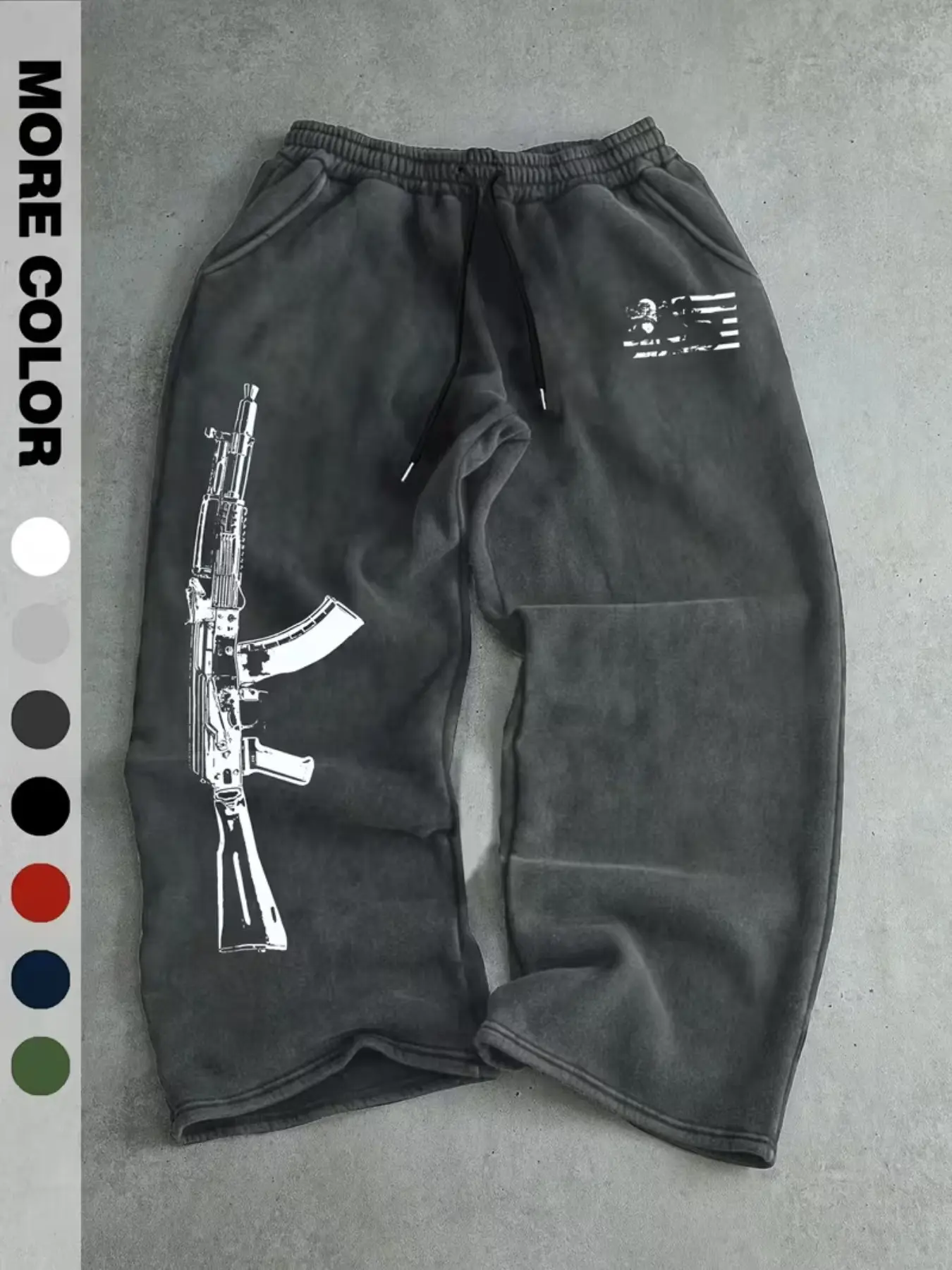 American Street Style Ak Gun Vintage Flag Print Wide Leg Sweatpants, Retro Ripped Flag Pattern Drawstring Waist Straight Leg Long Pants