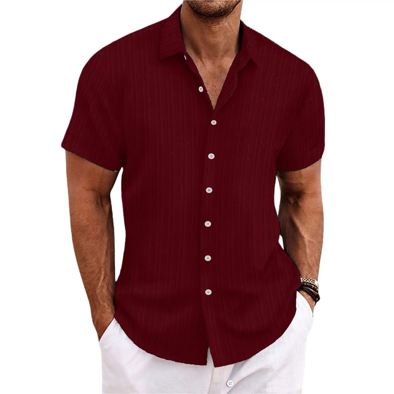 New Men's Cotton and Linen Striped Jacquard Casual Loose Short Sleeve Shirt