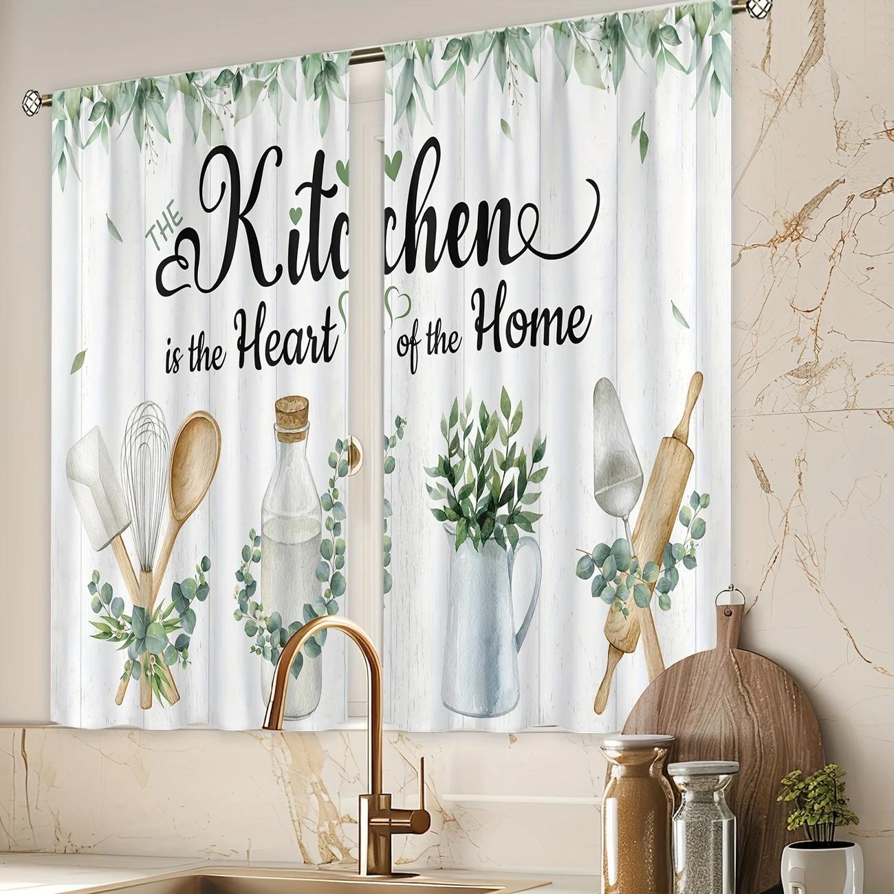 Rustic Eucalyptus Leaf Kitchen Window Curtains, Farmhouse Natural Pocket Rod Decor for Kitchen, Cafe, Office, Living Room & Dining Room, Home Decorative Curtain, Home Decoration Curtain