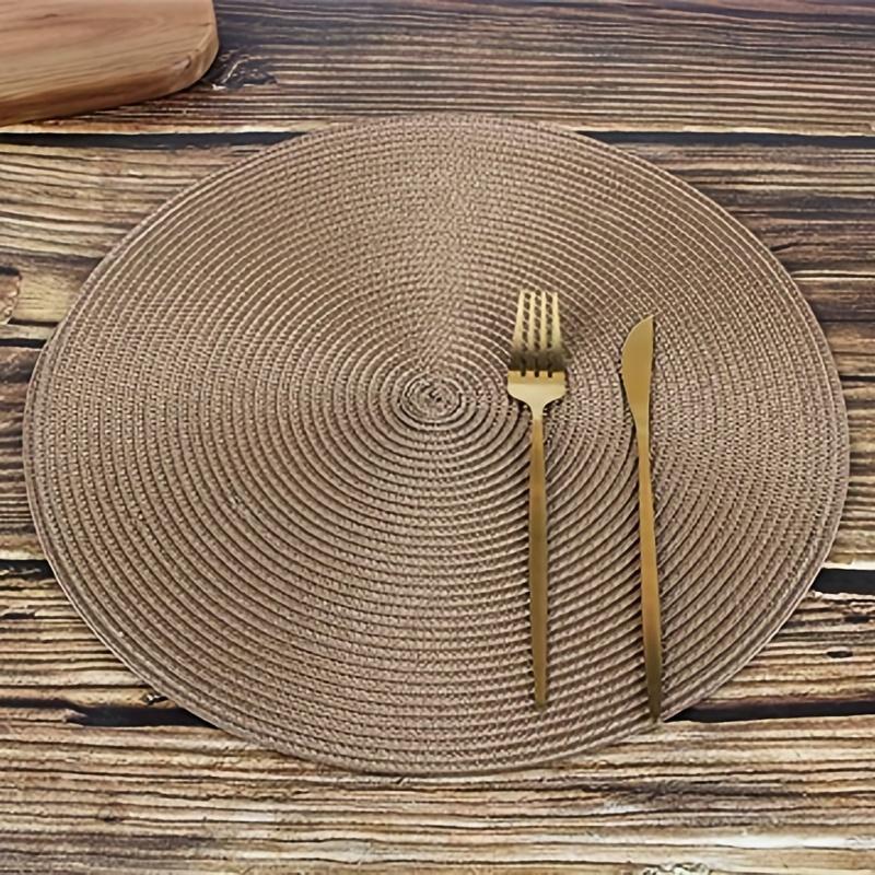 Set of 6 Hand Woven PP Round Placemats - Solid Color Heat Resistant Mats - for Dining Table Bowls Plates Coffee Cups - Easy to Clean and Dry Stylish Home Decoration