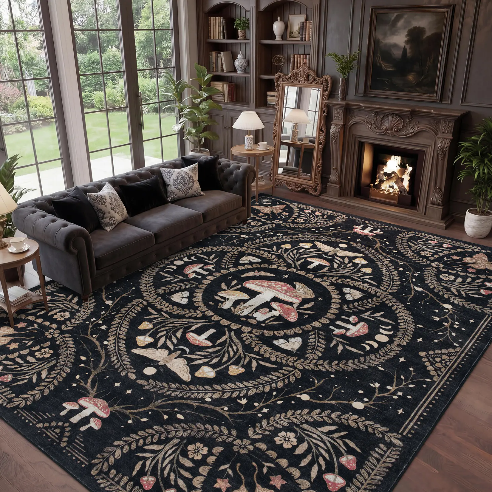 Mushroom Print Rug Washable Gothic Style Soft Non-shedding Stain-resistant Non-slip Animal Print Rug, Ultra-thin and Foldable for Living Rooms Apartments Farmhouses Cafes and Game Rooms bedroom playroom
