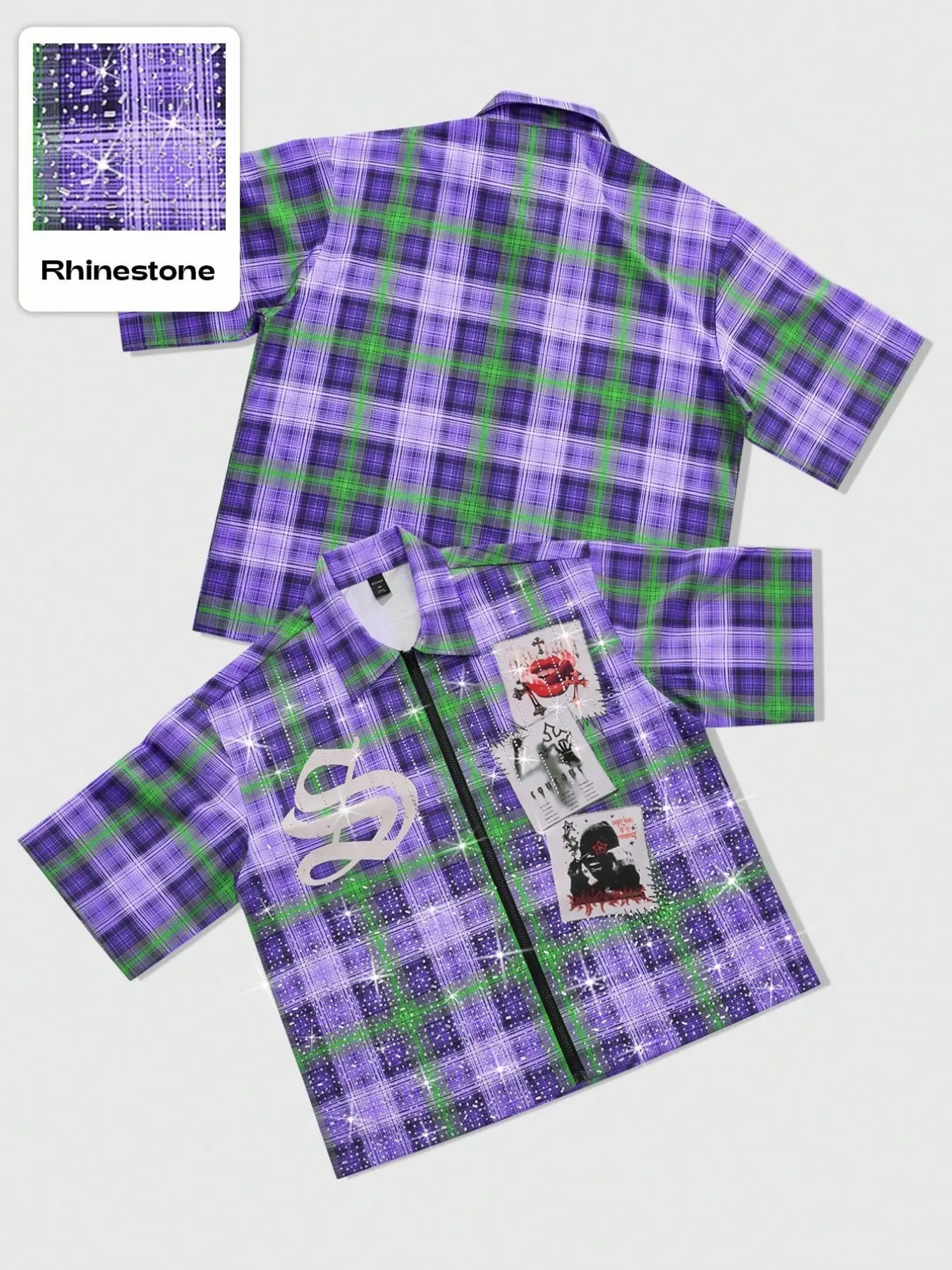 Men's Plaid Checked Rhinestone Zipper Short Sleeve Shirt, Graphic Print Collar Loose Fit, Y2K Street Style Summer Casual Top