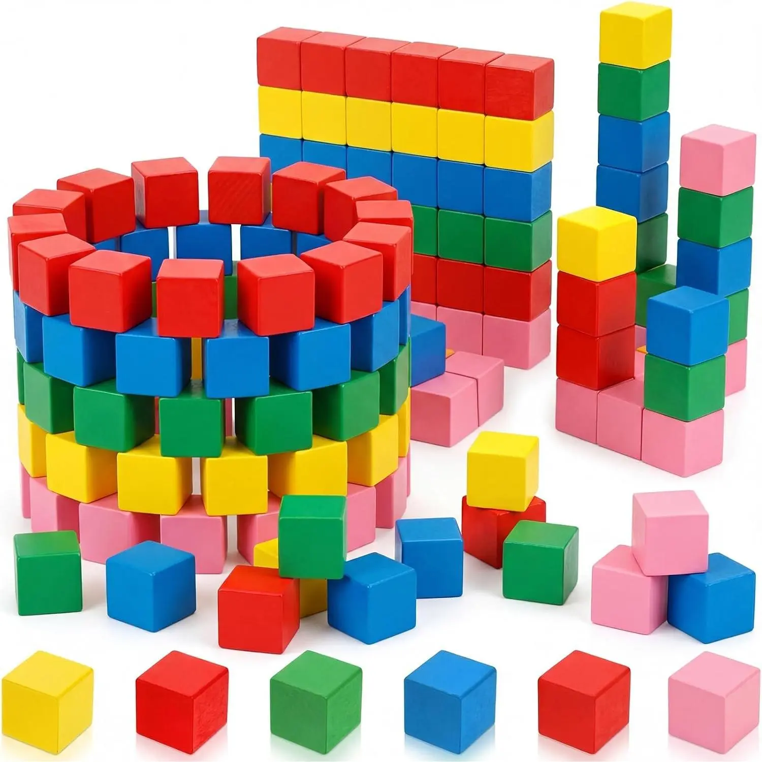 100 Pcs Wooden Cube Blocks Bulk 5 Color Geometric Solid Mini 3D Shape 0.7 Inch Math Teaching Building Stacking Blocks for Classroom Learning Creative Play DIY Craft