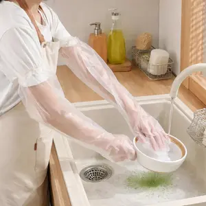 10PCS Thickened Disposable TPE Cleaning Gloves, Extra Long Transparent Kitchen Gloves with Elastic Cuff, Oil-Proof Hand & Arm Protection