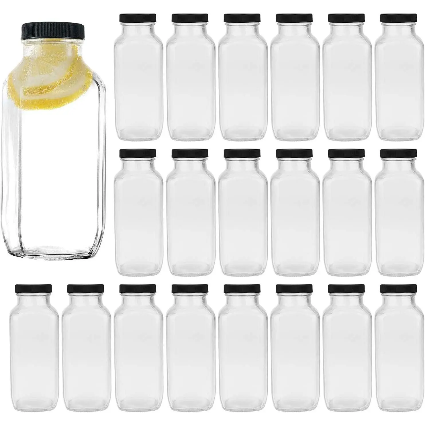 16oz Square Glass Water Bottles with Lids - 500ml Reusable Vintage Drinking Bottles for Kombucha, Tea, Juice, Milk and Homemade Drinks, Travel, 20 Pack
