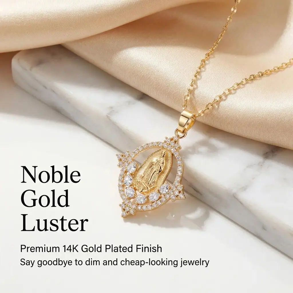 Noble Gold Luster Virgin Mary Necklace for Women 14K Gold Filled Religious Pendant Hypoallergenic Chain Dainty Everyday Gift Birthday Date Night Accessory, Necklace Jewelry