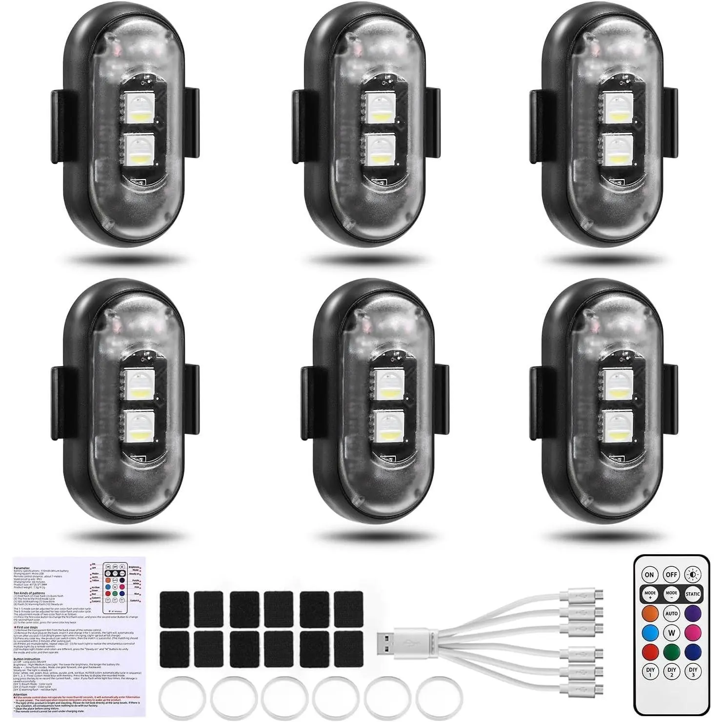6PCS Wireless LED Lights for Car with Remote Control, Wireless LED Strobe Lights 8 Color USB Charing IP65 Waterproof Anti-Collision Warning Light for Car Interior Truck Motorcycle Drone Aircraft Bike