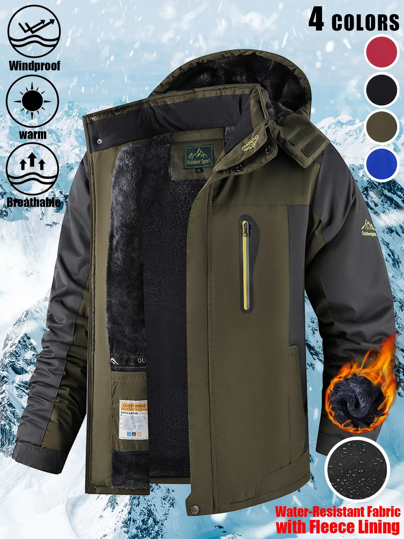 4 Colors, Endless Style: 1 Pack Men's Hooded Fleece-Lined Softshell Jacket Waterproof Windproof Warm Arm Embroidery Full Zip Chest Zip Pocket Side Pockets Splicing Design Adjustable Cuffs Outdoor Coat for Hiking Camping Travel Streetwear