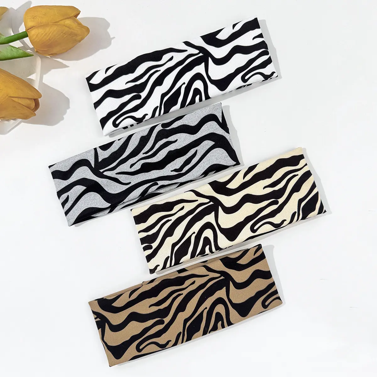 Unisex Neutral Tone Zebra Print Wide Headband, Soft Ribbed Knit Hair Accessory for Daily Wear, Sports & Skincare, Elastic Non-Slip