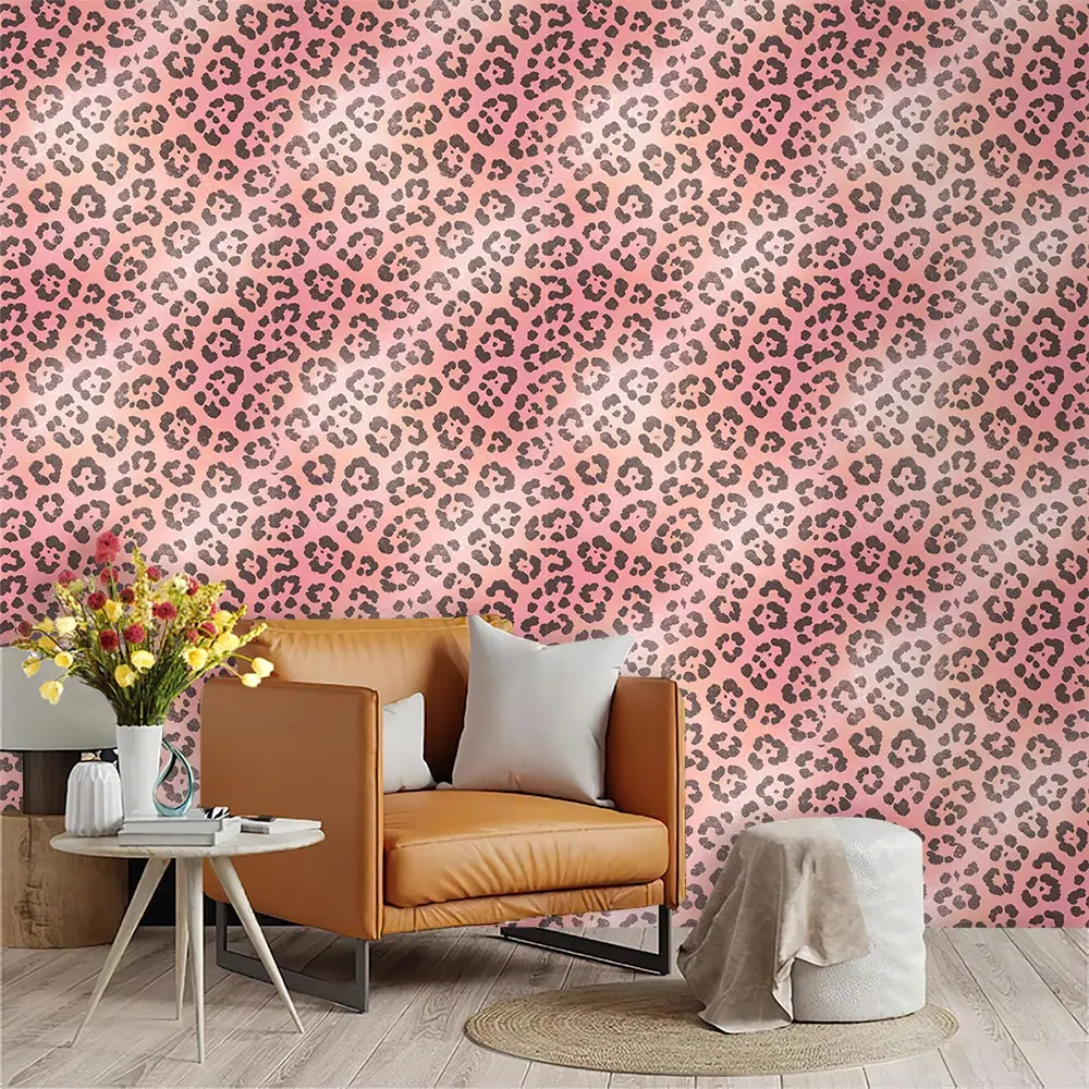 Sweet Cool Girl Style Deep Leopard Print Wall Paper, Gradient Peach Base, PVC Adhesive Back, Peel And Stick Wallpaper Designs, Ideal for Living Room Decor
