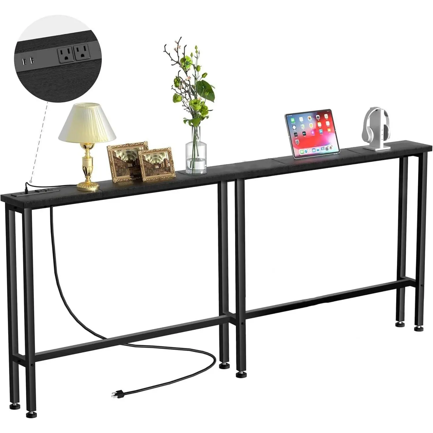 78" Narrow Console Sofa Table with Power Outlets & 2 USB Ports, Metal Frame, Black, Perfect for Hallway, Office, and Behind Sofa - Easy Assembly, 4.9' Extension Cord Included