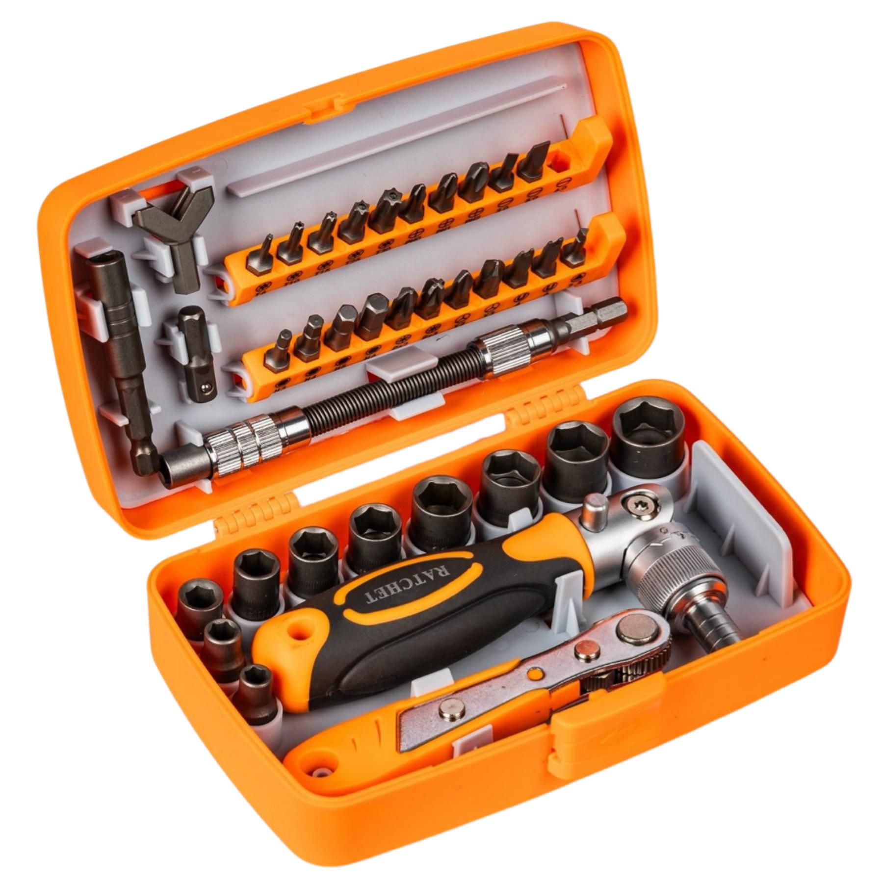 Ratchet Multipurpose Screwdriver Tool Set, 38pcs Socket Set & Screwdriver Bit Set with Rotatable Ratchet Handles & Storage Case, Household Repair Tool Kit for Bike, Hardware, Heavy Duty