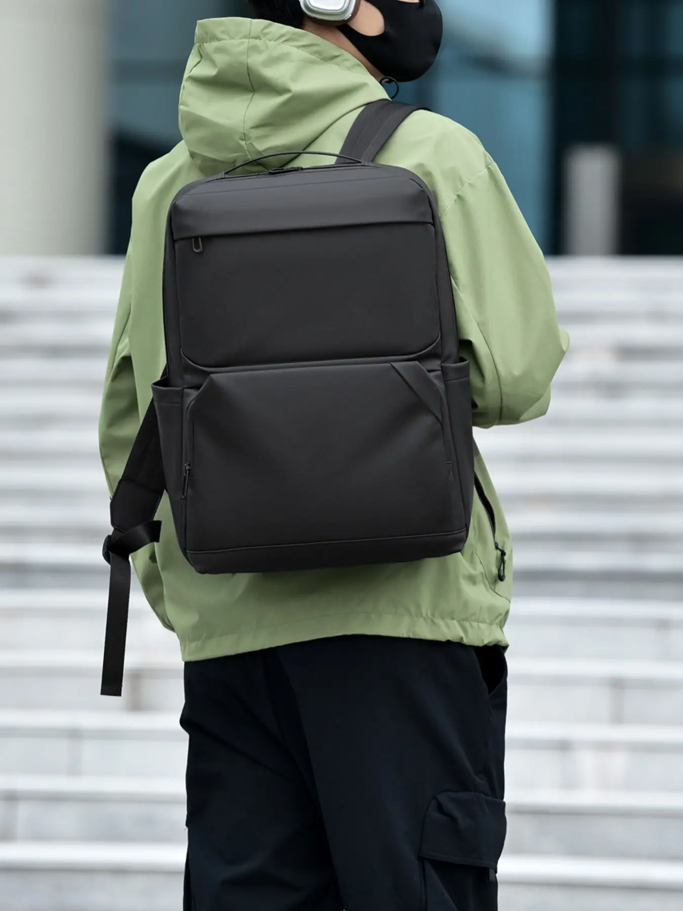 1pc All-black Flat Minimalist Backpack Concealed Smooth Metal Zippers Neat Bound Edge Stitching Wide Cushioned Pressure-relief Straps Premium Daypack Matching Casual & Work Outfits For Men Urban Commute Short Business Travel