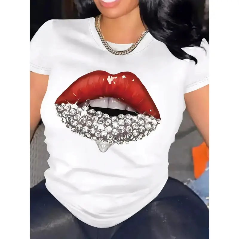 Women's Casual Red Lips Rhinestone Graphic Short Sleeve Tops - Breathable Crew Neck Sporty Chic Sports Top, Relaxed Fit Comfortable Fabric, Athlete Life Hiking/Light Outdoor Wear, All-Seasons Ladies T-Shirt