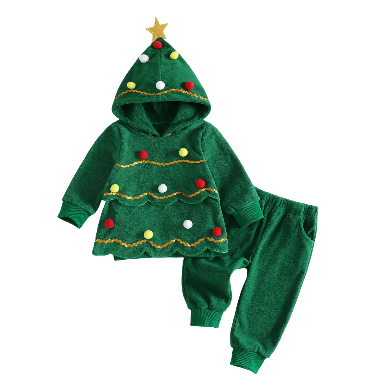 Toddler Baby Little Girl Boy Christmas Tree Outfits Fleece Poms Hooded Sweatshirt Pants Tracksuit Set Costume Winter 6M-4T