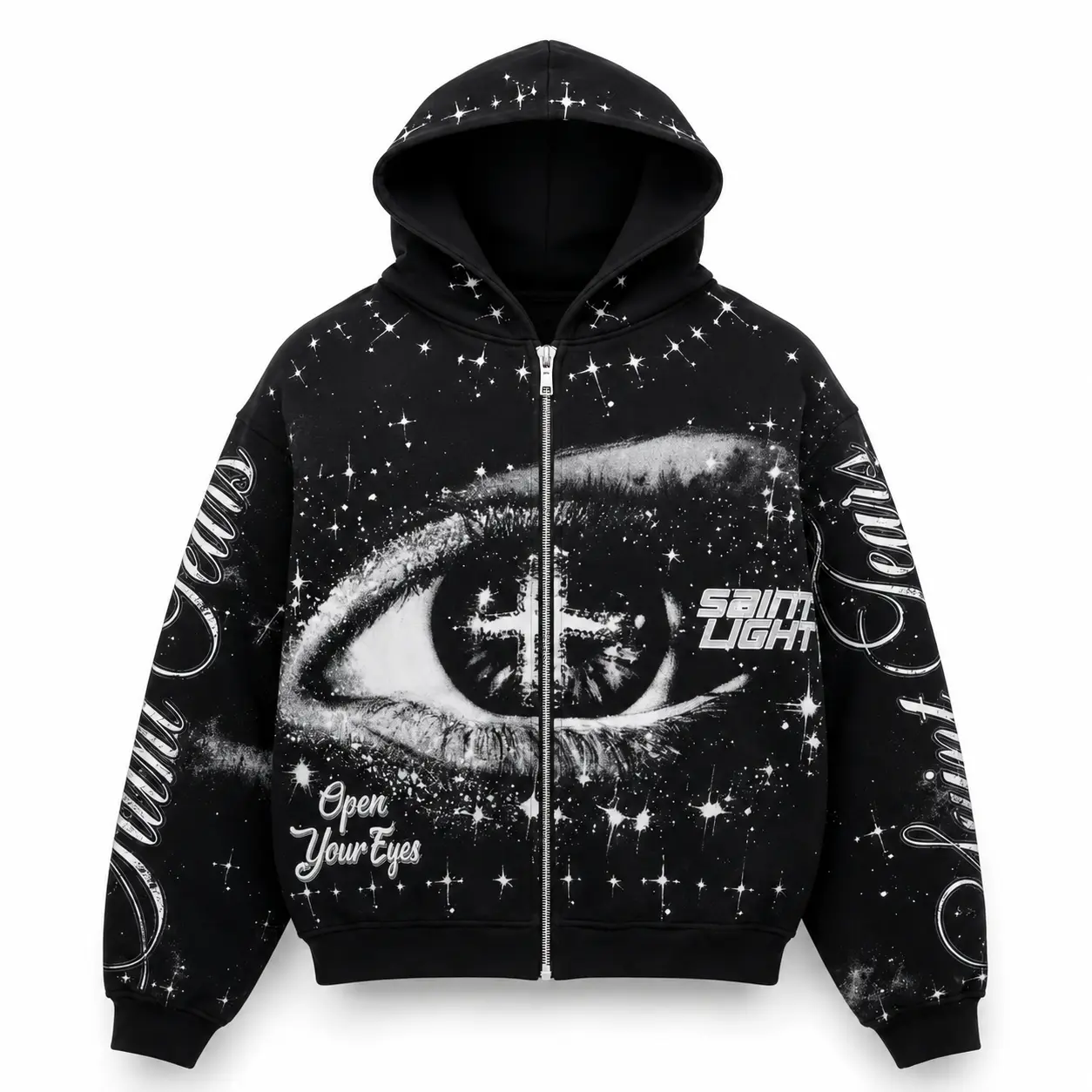 Unisex Black Celestial Print Hoodie Jacket - Oversized Star Graphic Zip-Up, Long Sleeve Hooded, Machine Washable for Y2K Streetwear & Casual Wear