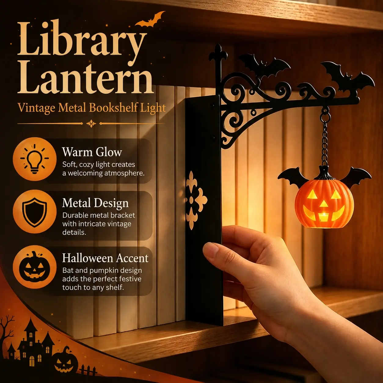 Vintage Library Bookshelf Lamp, Metal LED Accent Light with Classic Lantern Design, Charming Reading Corner Decoration for Book Lovers, Home Office, Study Room, Bedroom Shelf, Bookcase Display and Cozy Indoor Atmosphere Lighting, Ambient Glow Light