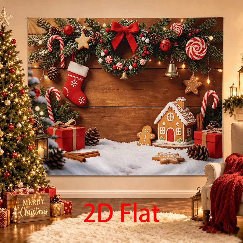 Gingerbread Christmas Backdrop with Candy Canes, Wreath, Stocking, Gingerbread House, Gifts and Snowy Wood Holiday Photo Background