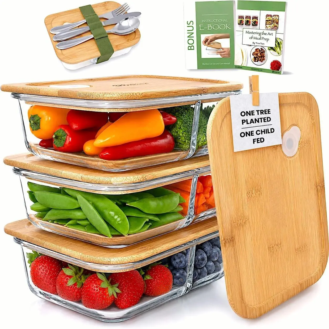 Glass Meal Prep Containers with  , 2 Compartment Glass Bento Box Container Set (3 Pack) |  Plastic Free, , Lunch Containers with  Made of  - Set of 3