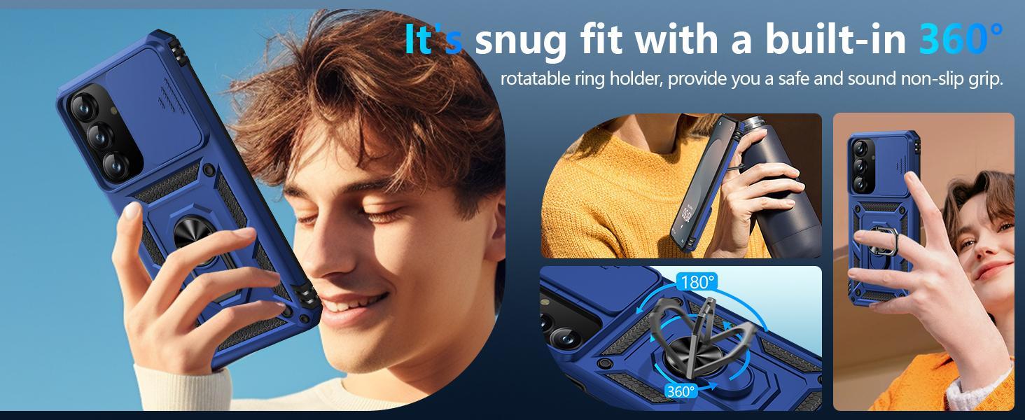 for Samsung Galaxy S25 FE Case with Screen Protector & Slide Camera Lens Cover, Built-in Magnetic Ring Stand Shockproof Protective Phone Case for Samsung S25 FE Case (Blue)