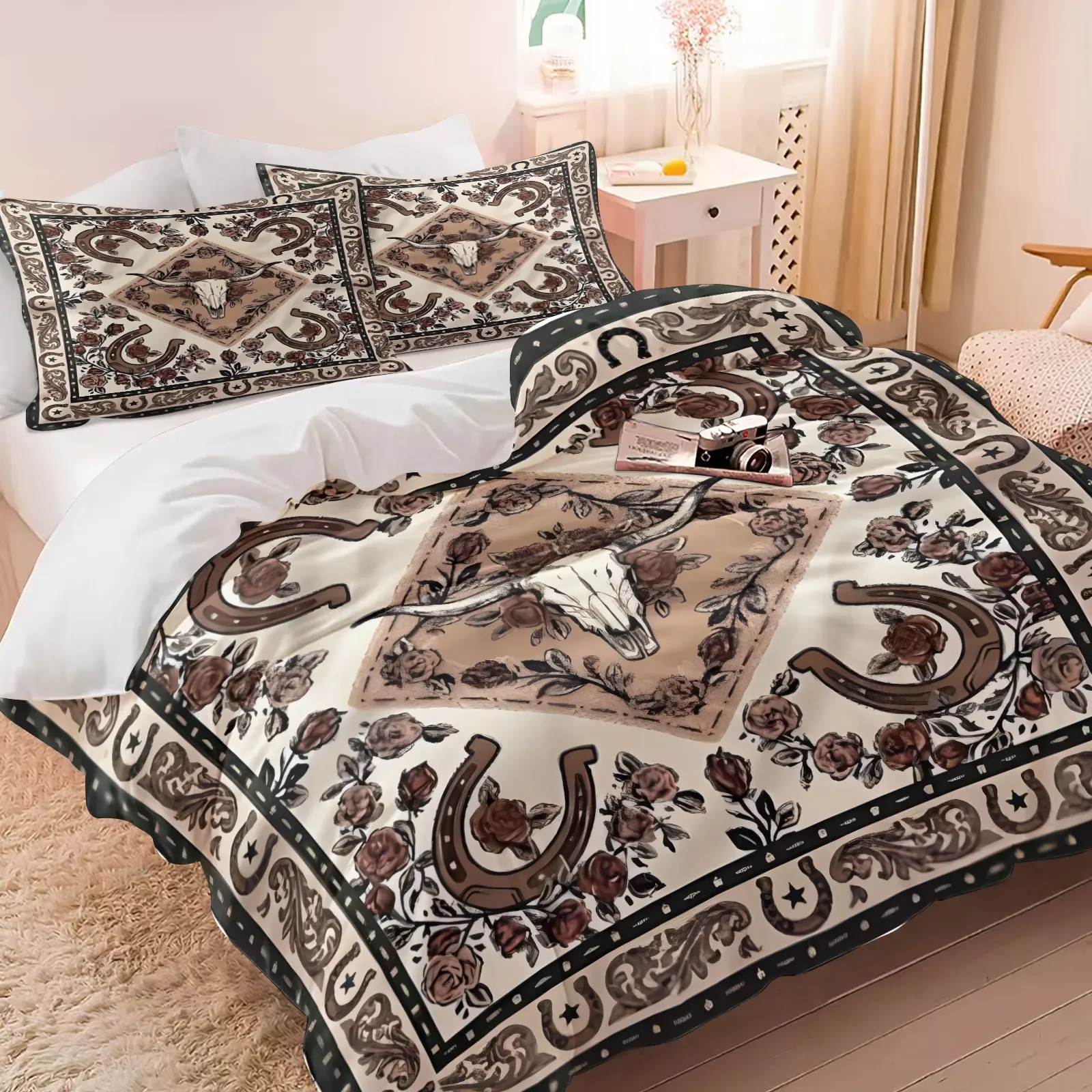 Western-Themed Bedding Set, 2/3-Piece Duvet Cover Set With Longhorn Bull Skull, Horseshoe, and Rose Print, Vintage Paisley Pattern, Country Style Bedroom Decor, Soft and Comfortable (Includes 1 Comforter Cover + 1 Or 2 Pillowcases, No Filling).