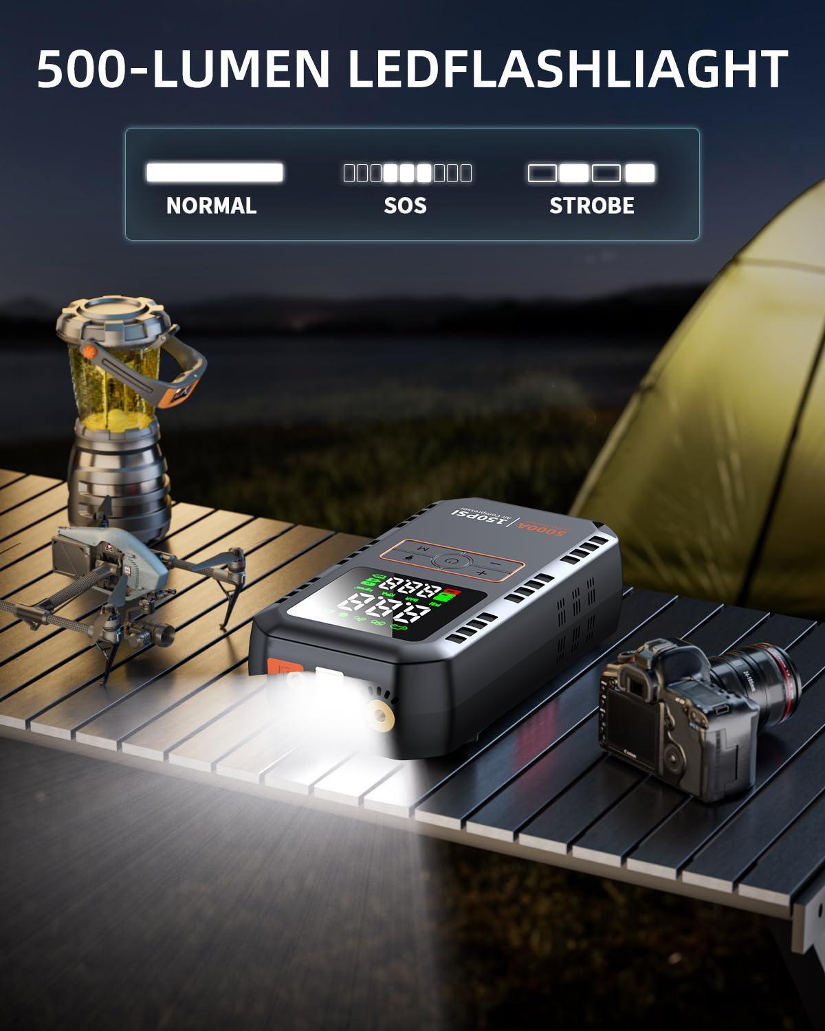 5000A 150PSI Car Jump Starter with Air Compressor Auto Tire Inflator Large LCD Display LED Light Portable 12V Battery Booster Power Pack Quick Jump Start for Gasoline Diesel Vehicles Universal for Cars SUVs Trucks Bikes Motorcycles RVs Boat Tires Multi Sa