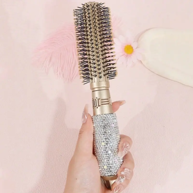 Round drum comb 1 piece of high-end shiny artificial diamond inlaid fluffy hairstyle hair combing comb travel portable home hair comb for both dry and wet use Comb Type