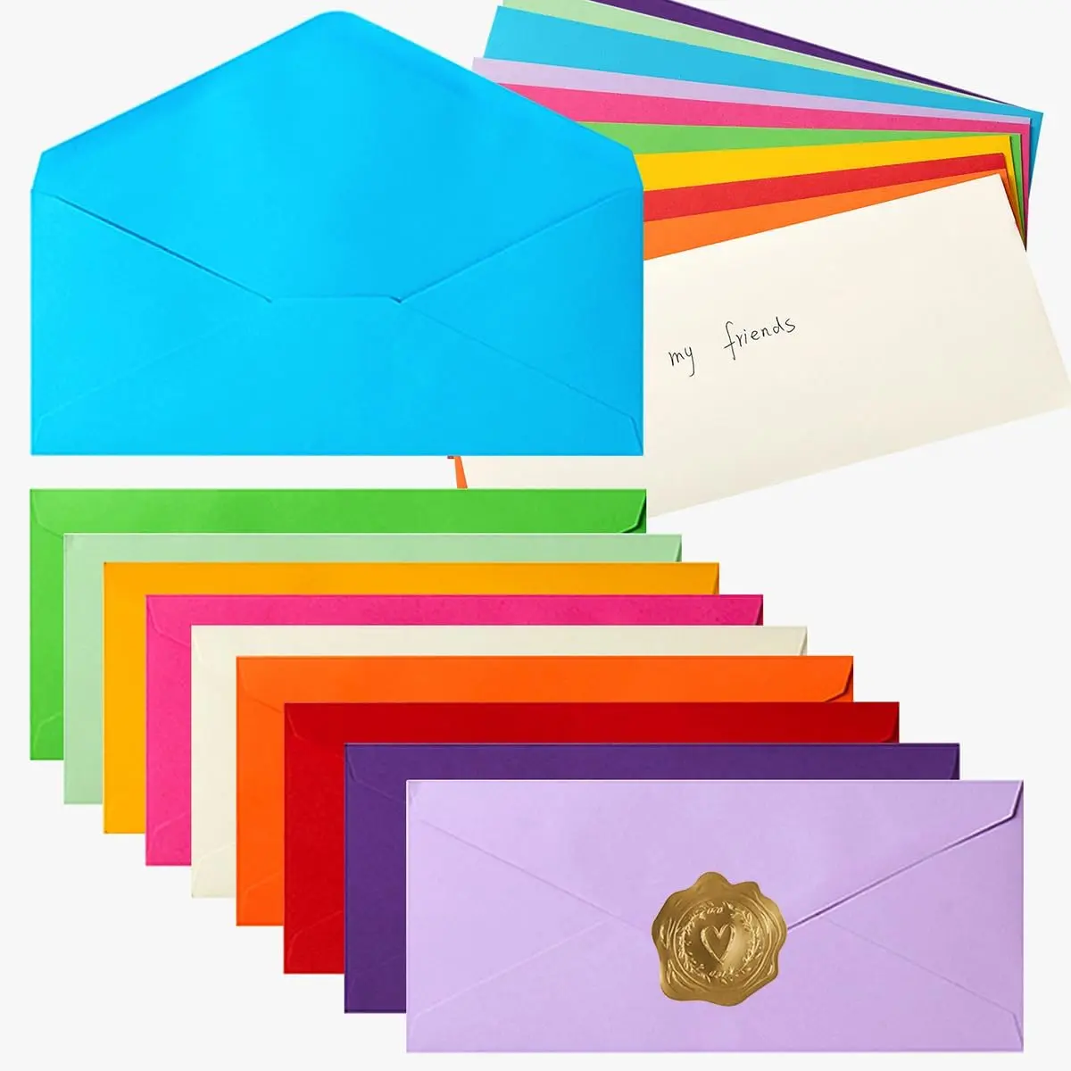50 Pack Colorful #10 Business Envelopes with Stickers, 4.13 x 9.49 Inches | Standard Envelopes V Flap, For Office, Business Letter, Letter Mailing