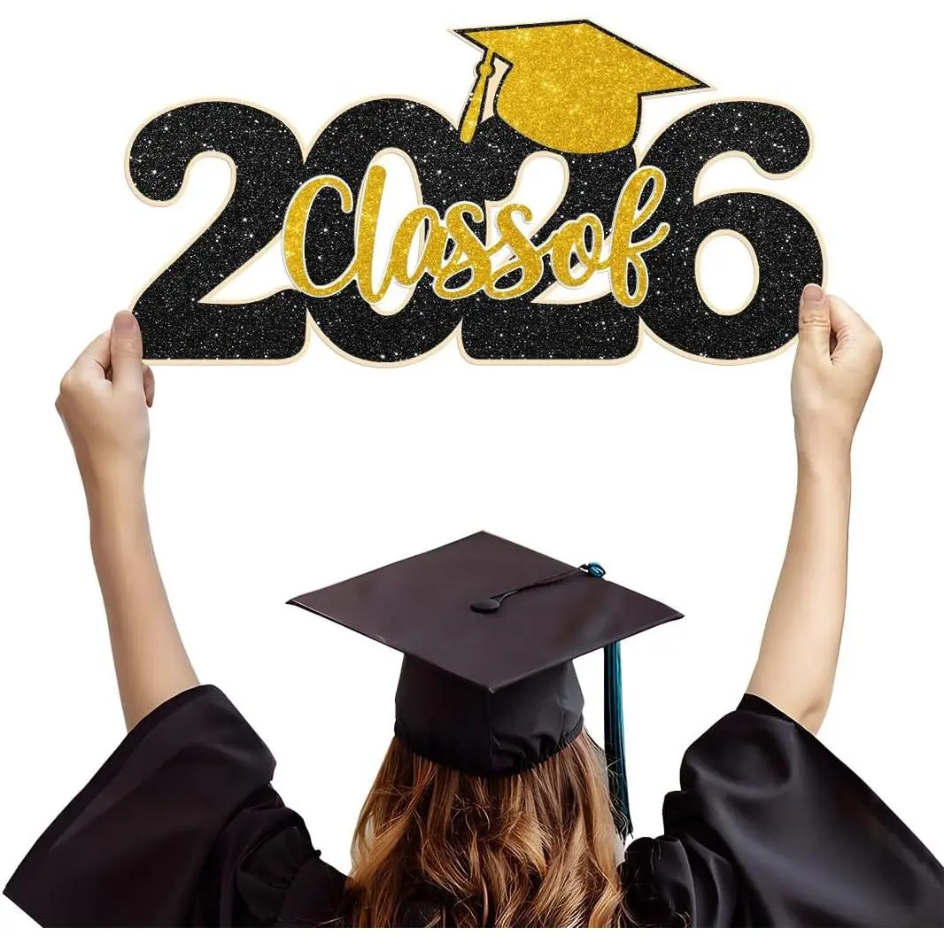 Graduation Decorations Class of 2026 Glitter Photo Booth Props Graduate Sign for Photoshoot Graduation Table Centerpieces Senior Night Decor Grad Party Supplies Favors (Black)
