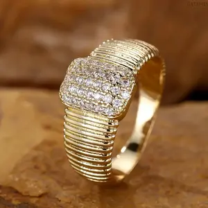 Shiny Square Synthetic Zirconia Golden Brushed Ring, Unisex High-Quality Jewelry, Engagement Promise Eternity Ring, Bridal Ring for Anniversary Valentine Mother's Day Gift