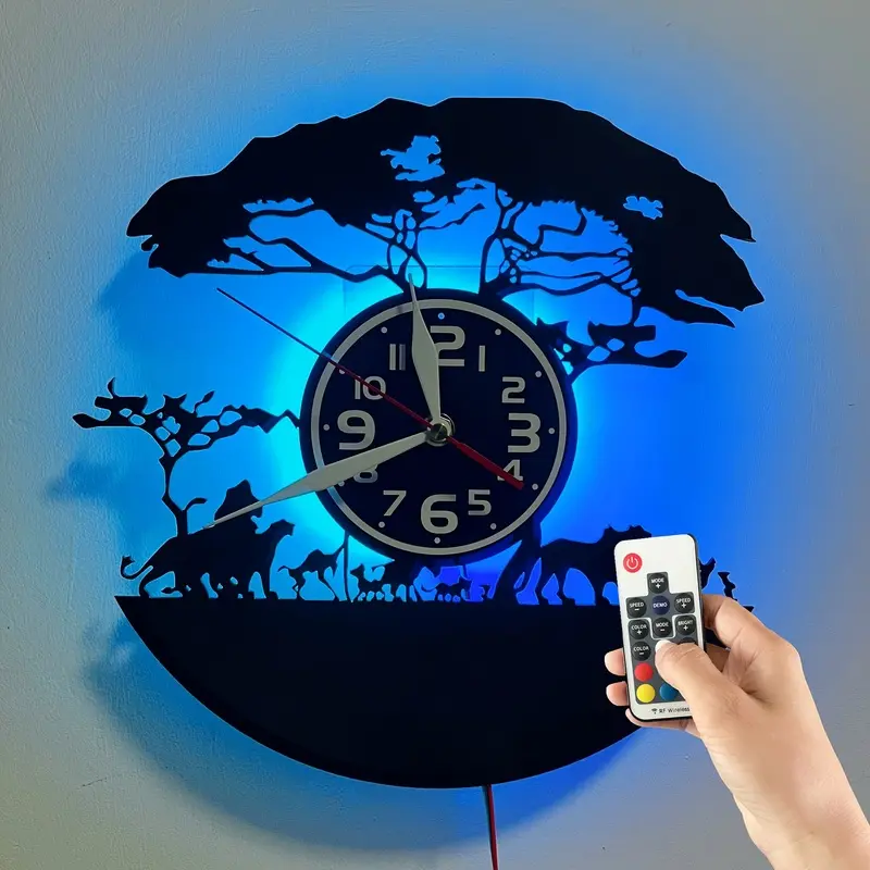 LED Vinyl Wall Clock African Savanna Acacia Tree Lion Herd Animal Silhouette Art Wall Watch Wildlife Safari Themed Home Ornament Backlit LED Wall Decoration for Living Room Unique Christmas Gift for Nature Wildlife Lovers Led Wall Clocks