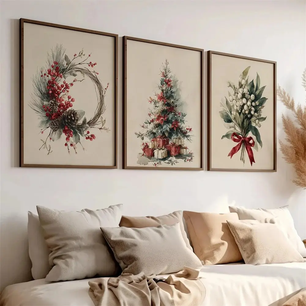3pcs/set Unframed Watercolor Christmas Winter Decor Wall Art Set of 3 Poster or Canvas Print, Christmas Tree Wreath and Mistletoe Wall Art Decoration Items