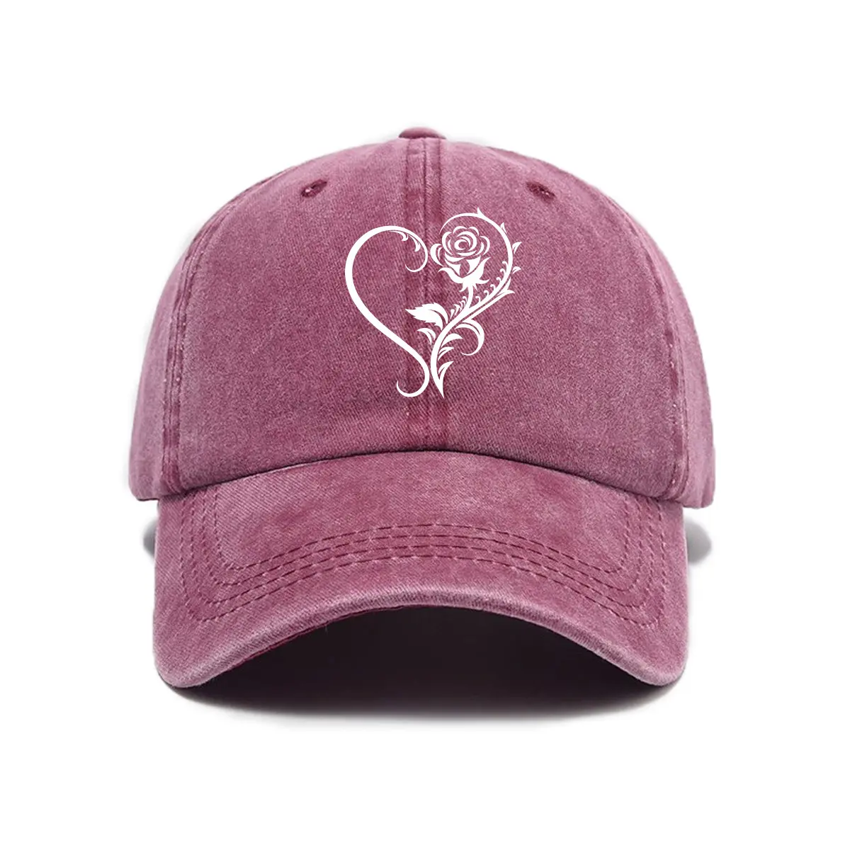 Wine Red Baseball Cap Heart Rose Flower Graphic Printed Washed Cotton Vintage Unisex Dad Hat Trendy Cute Pretty Fashion Casual Streetwear Outdoor Adjustable Sun Trucker Hat Everyday Headwear Birthday Valentine Romantic Gift For Women Girl