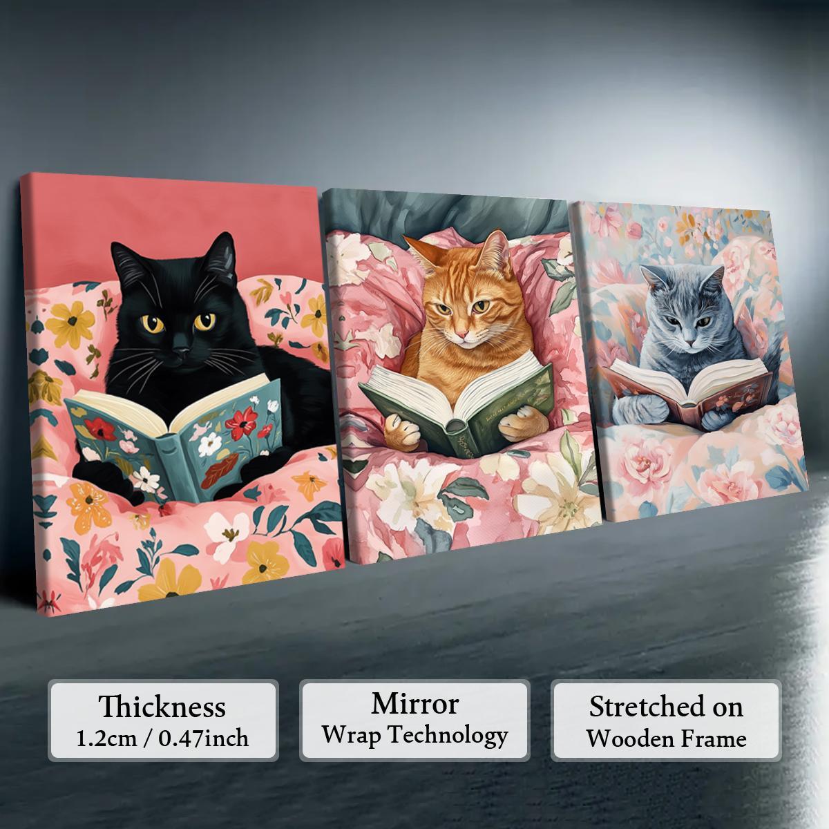 Cat Reading Book Pattern Canvas Painting with Frame, 3 Counts/set Colorful Animal Reading, Wall Decor for Home Living Room Bedroom Office Hanging Wall Art