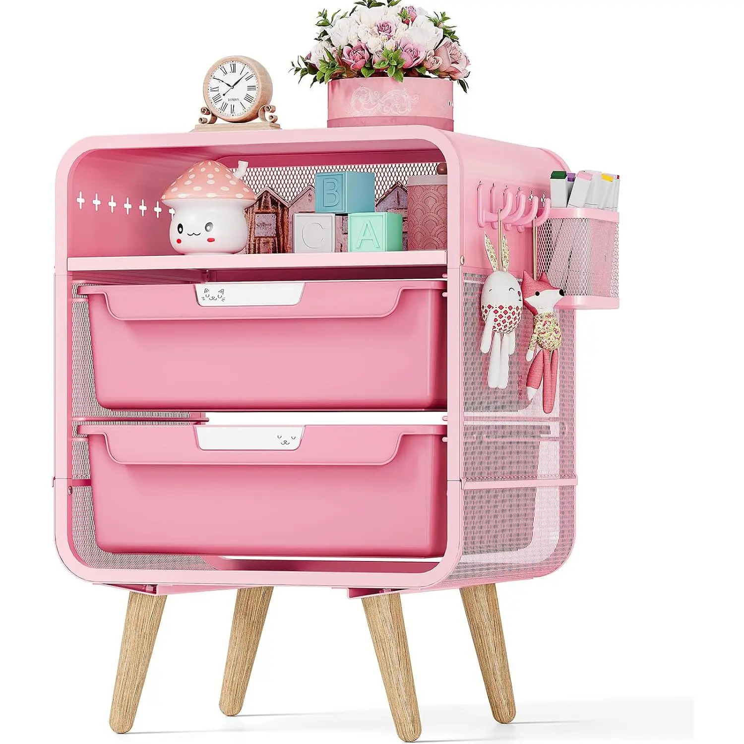 Pink Nightstand, Cute End Table with Storage Drawer, Kids Nightstand for Bedroom Furniture, Bedside Table Small Desk Coffee Table for Living Room, Dorm, Office