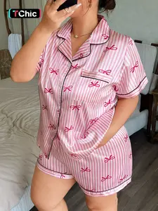 Women's Plus Size Satin Pajama Set, Cute Striped Butterfly Print, Summer Short Sleeve Collared Top and Bow Shorts, Casual Home Wear
