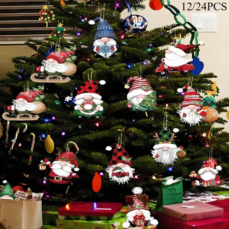 12/24pcs Vintage Gnome Ornaments, Wooden Christmas Tree Hangers with Santa Designs, Holiday Party Decorations, Festive Home Accents