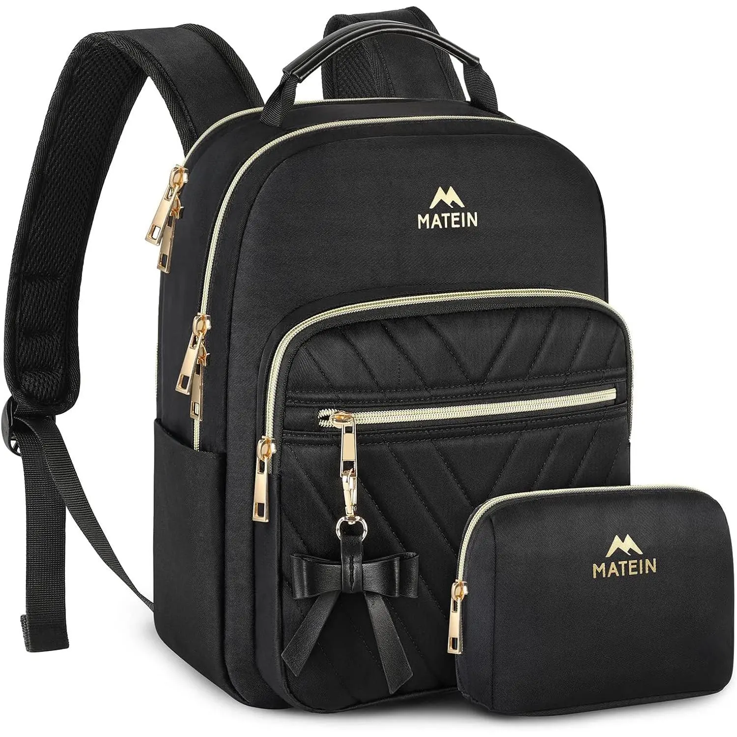 MATEIN Women's Waterproof Stripe Compact 2-Piece Mini Backpack Set - 12.9" Purse-Look Rectangular Daypack with Zipper, Lightweight Casual Multi-Pocket Bag for Daily Travel, Black Gift