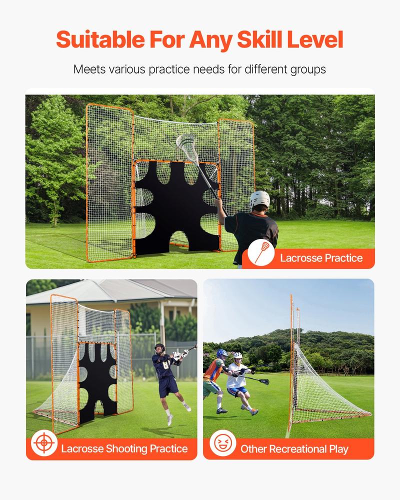VEVOR 3-IN-1 Lacrosse Goal, 12x9 ft Lacrosse Net with Backstop and Target, Quick & Easy Setup Backyard Rebounder Equipment, Steel Frame Training Nets, Suitable for Youth Adult Training, Orange