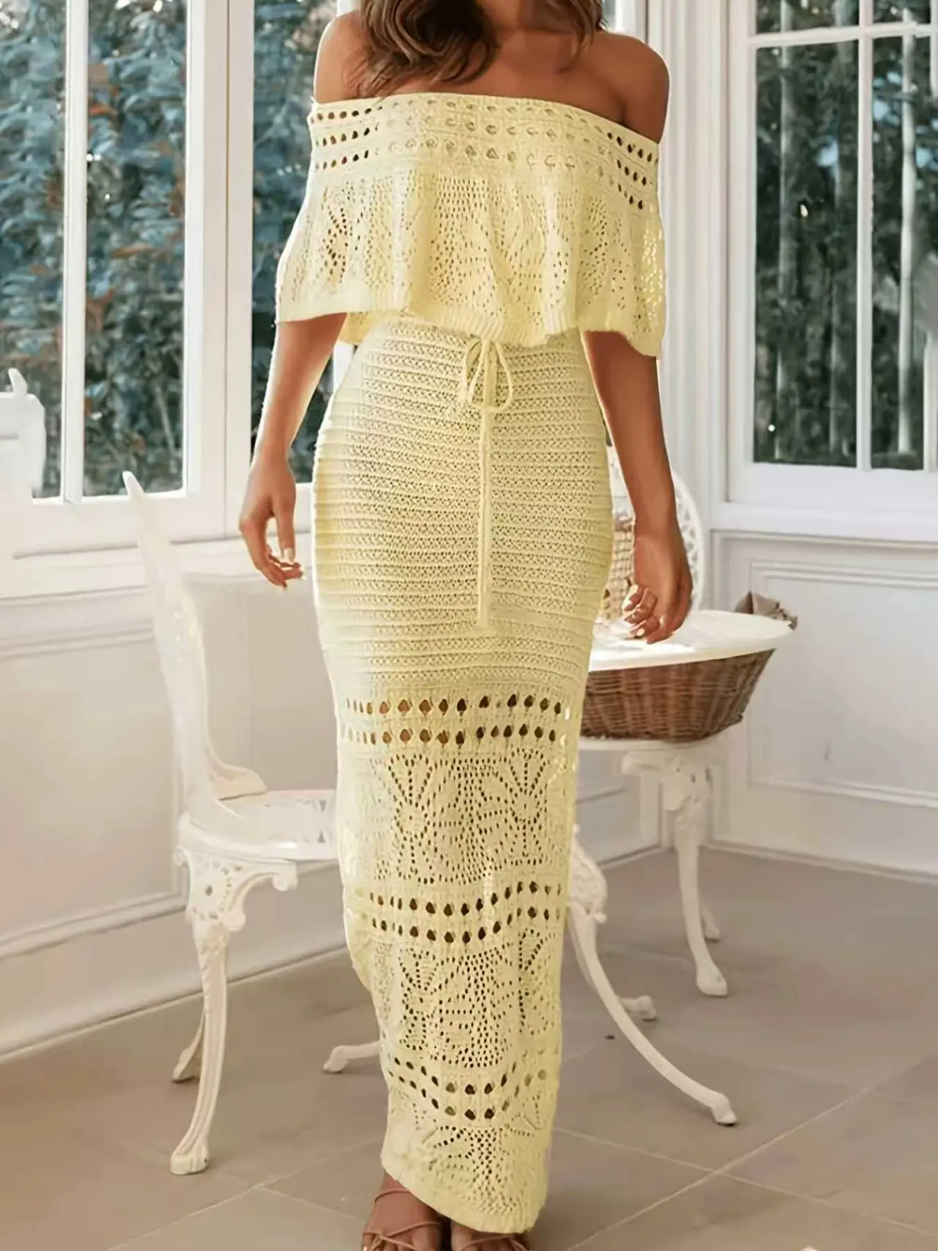 off the shoulder crochet dress Women's Bohemian Off-Shoulder Dress, Casual Summer, Hollow-Out Bow Design, Elegant Valentine's Day Farm rio Sweaters Women'S Knit Bodycon Atria Signature Colors:Fuchsia perfect for summer Color:AA544