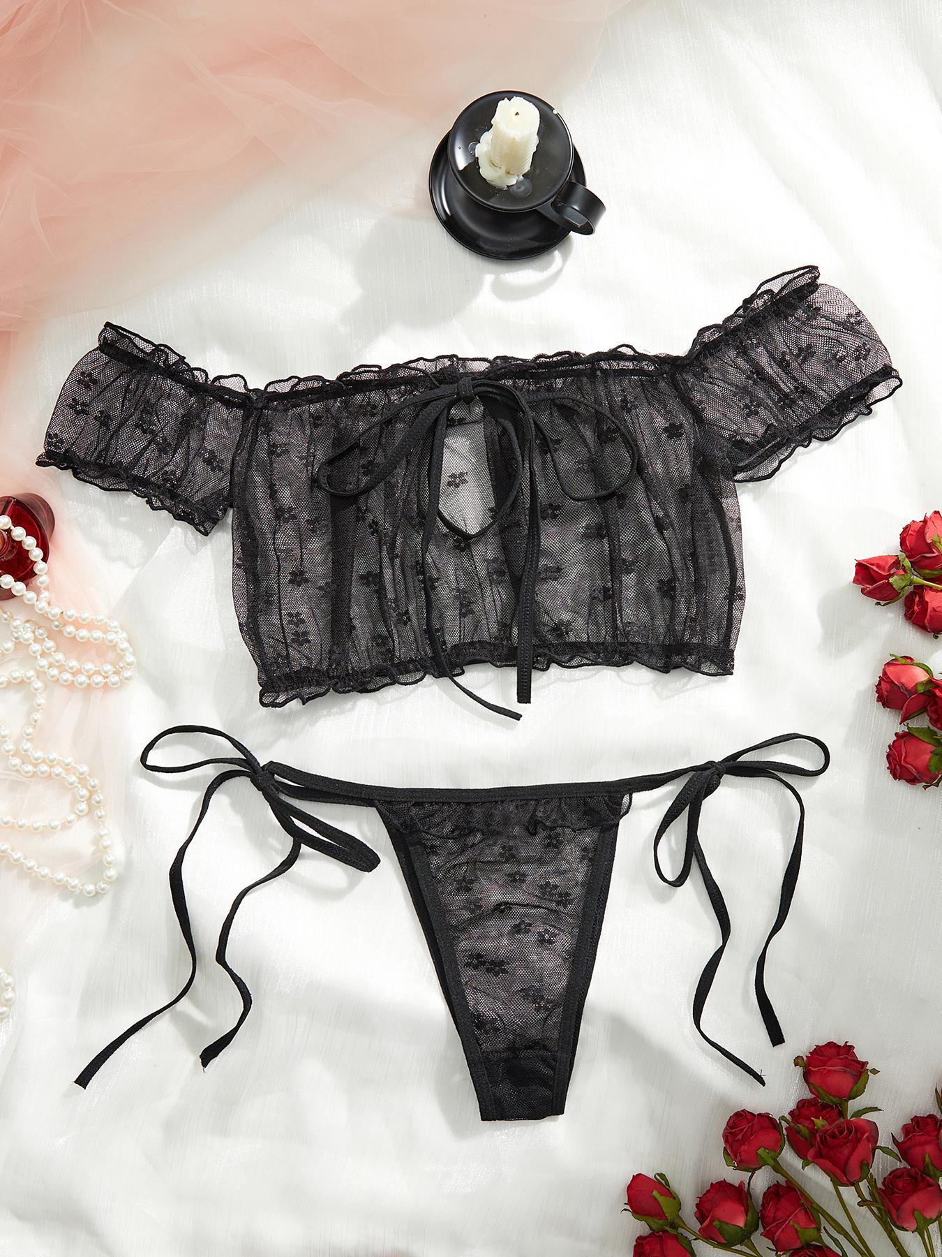 Women's Ditsy Floral Print Sheer  Lettuce Trim Bra & Thong Sexy Two-piece Set, Sexy Frill Trim Bra & Tie Side Panty Set, Women's Lingerie Set for All Seasons