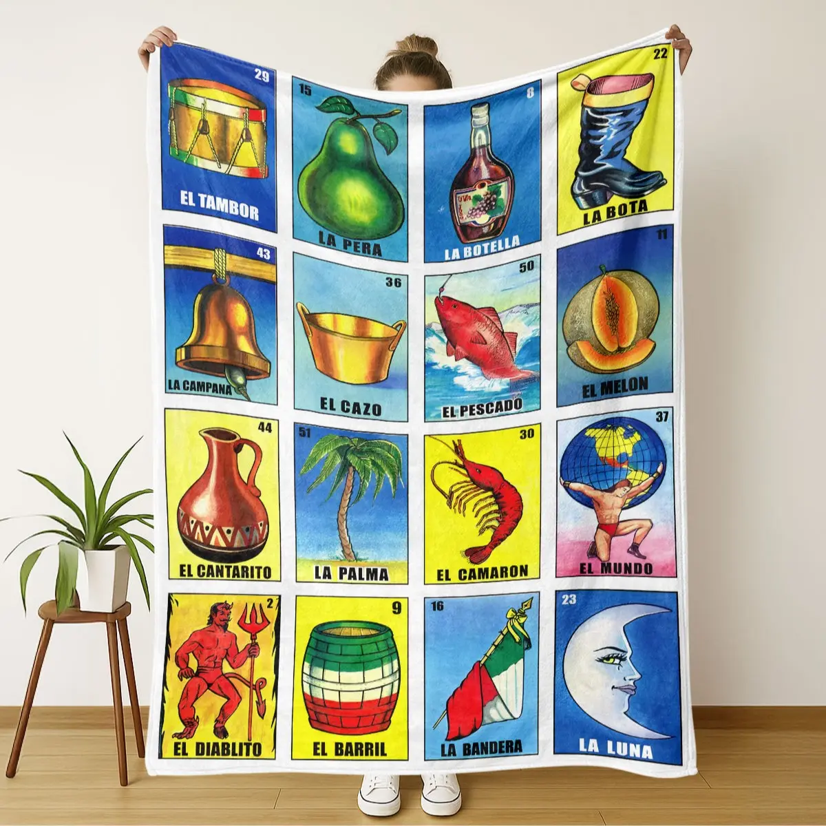 Mexican Vintage Lottery Print Flannel Blanket, Soft Cozy Sofa Throw, All-Season Comfort, Ideal for Dorms and Offices, Indoor Outdoor Use