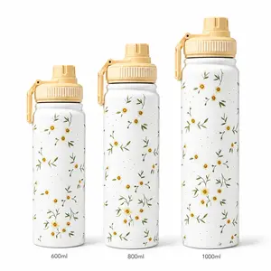 1 600ml/20.29oz 800ml/27.06oz 1000ml/33.82oz daisy double-layer stainless steel insulated hot and cold cup, space kettle insulated cup, 304 stainless steel sports kettle portable handheld travel car water cup, outdoor sports water bottle, flat bottomed cu