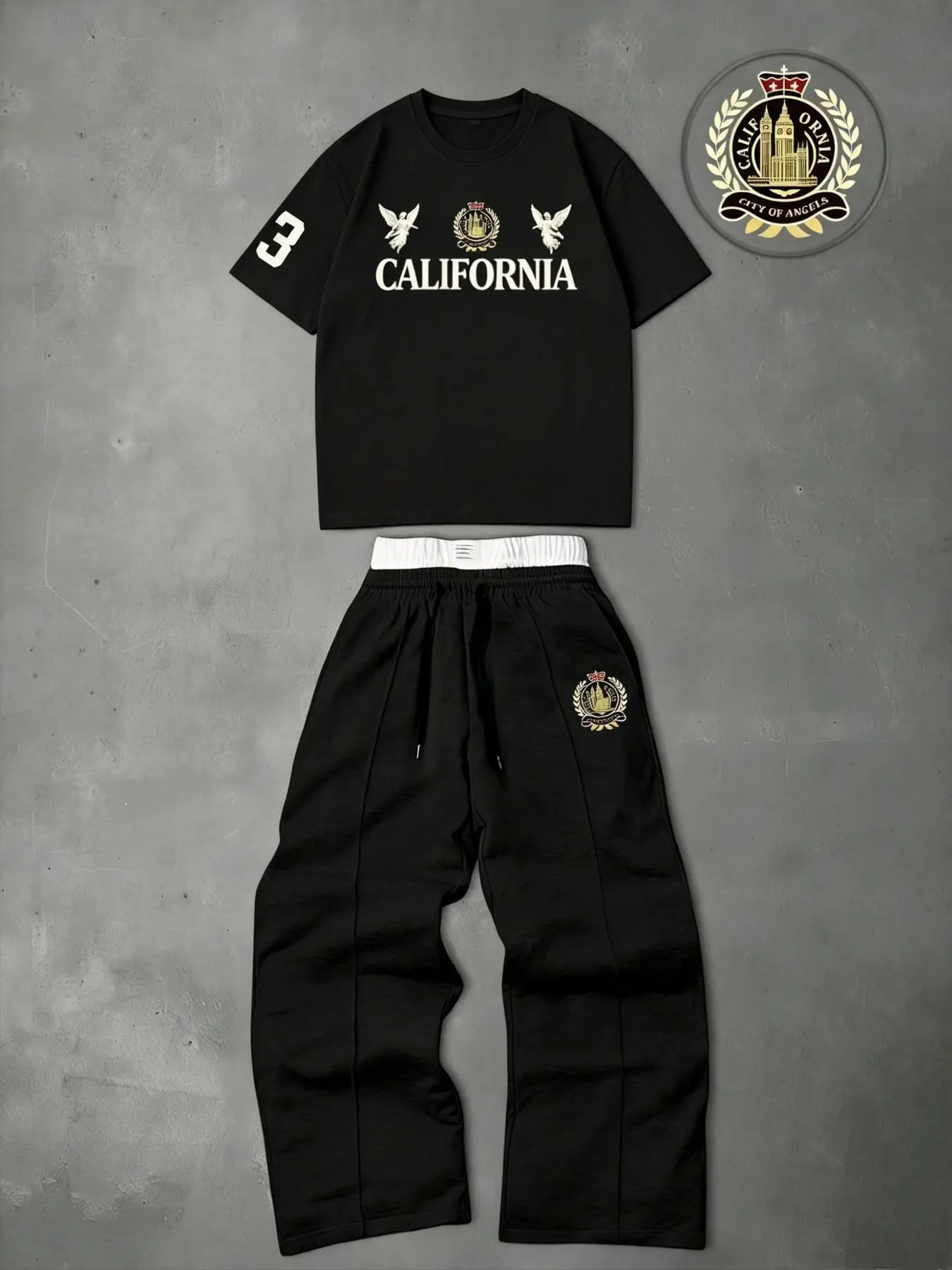 Men's short-sleeved T-shirt set, featuring a Graphic printed angel letter and badge T-shirt and double-waisted sweatpants, a casual, stylish, comfortable, and breathable two-piece summer outfit for men Clothes Menswear
