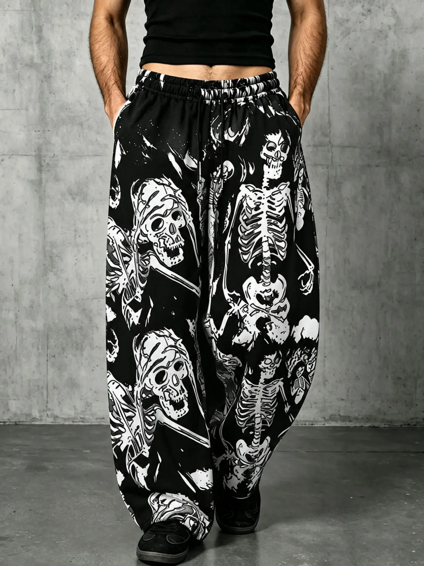 Men Wide Leg Sweatpants Black Allover Skeleton Skull Graphic Print Elastic Drawstring Waist Side Pockets Oversized Loose Fit Dark Goth Hip Hop Streetwear Casual Daily Loungewear Fashion Bottoms