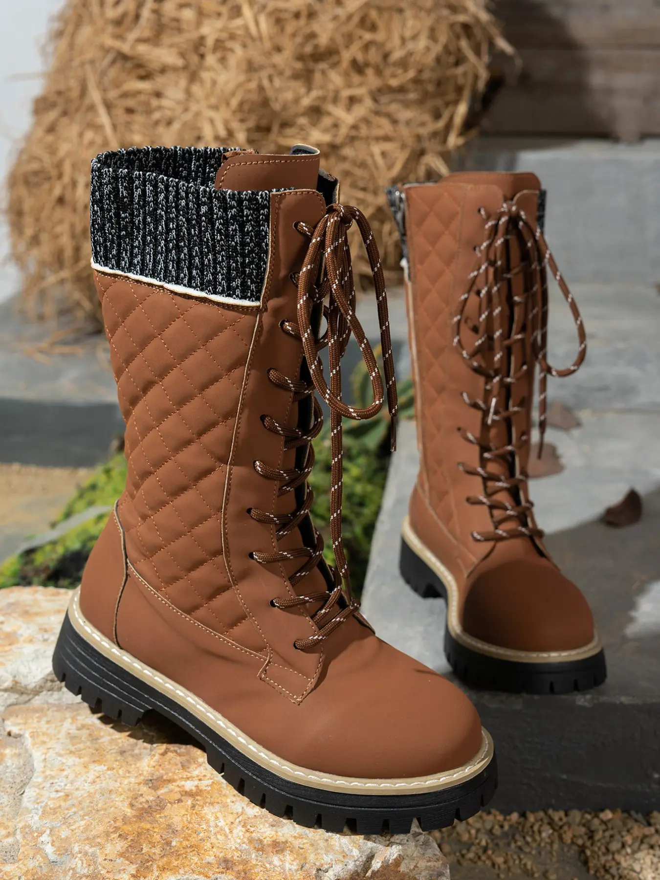 New Arrival! Plaid Upper Colorblock Trimmed Warm Mid-Calf Boots, Fall Winter Anti-Heat Knit Collar Patchwork Boot Opening Tie Design, Women's Trendy Non-Slip Boots